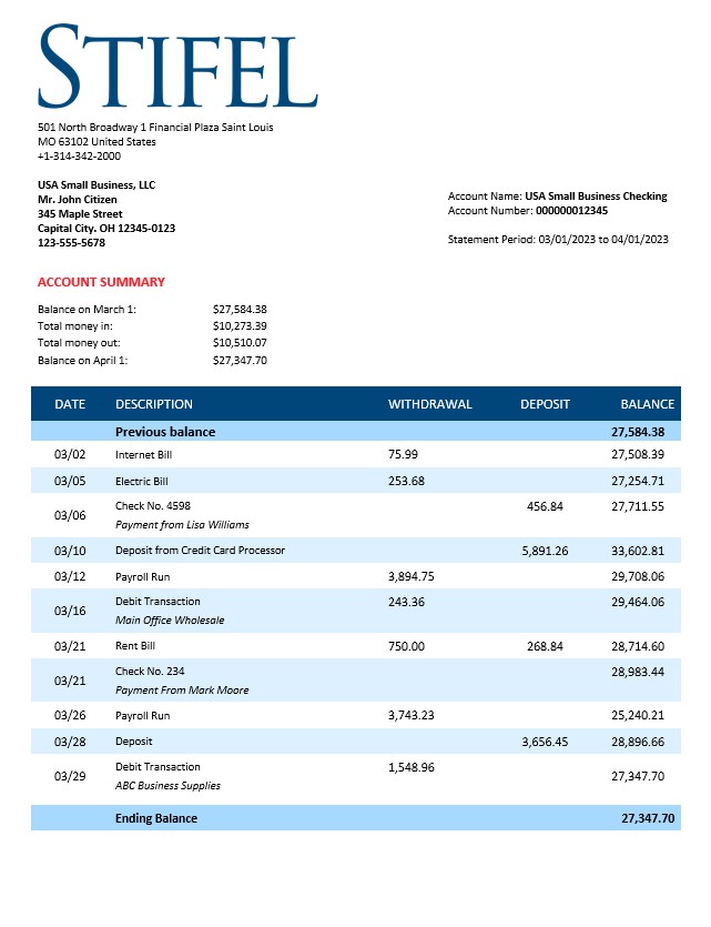 Modèle Word et PDF de déclaration ferme de Stifel Financial Bank